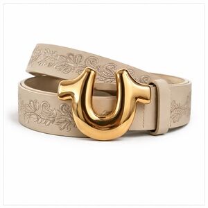 True Religion Embroidered Beige Belt Rose Gold Buckle Boho